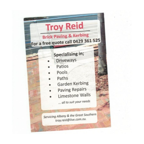 the bootstrap marketer brick paving Troy Reid Brick Paving & Kerbing advertising flyer with services listed
