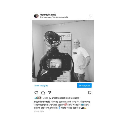 the bootstrap marketer content creation instagram post of photo of camera shooting behind the scenes of a shower product advertisement
